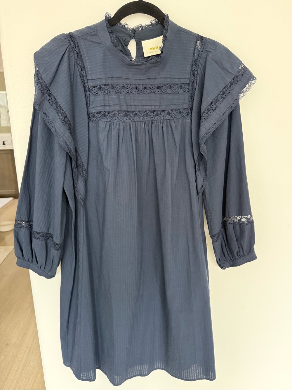 Anthropologie Slate Blue Lace-Trimmed Ruffled Tunic Dress